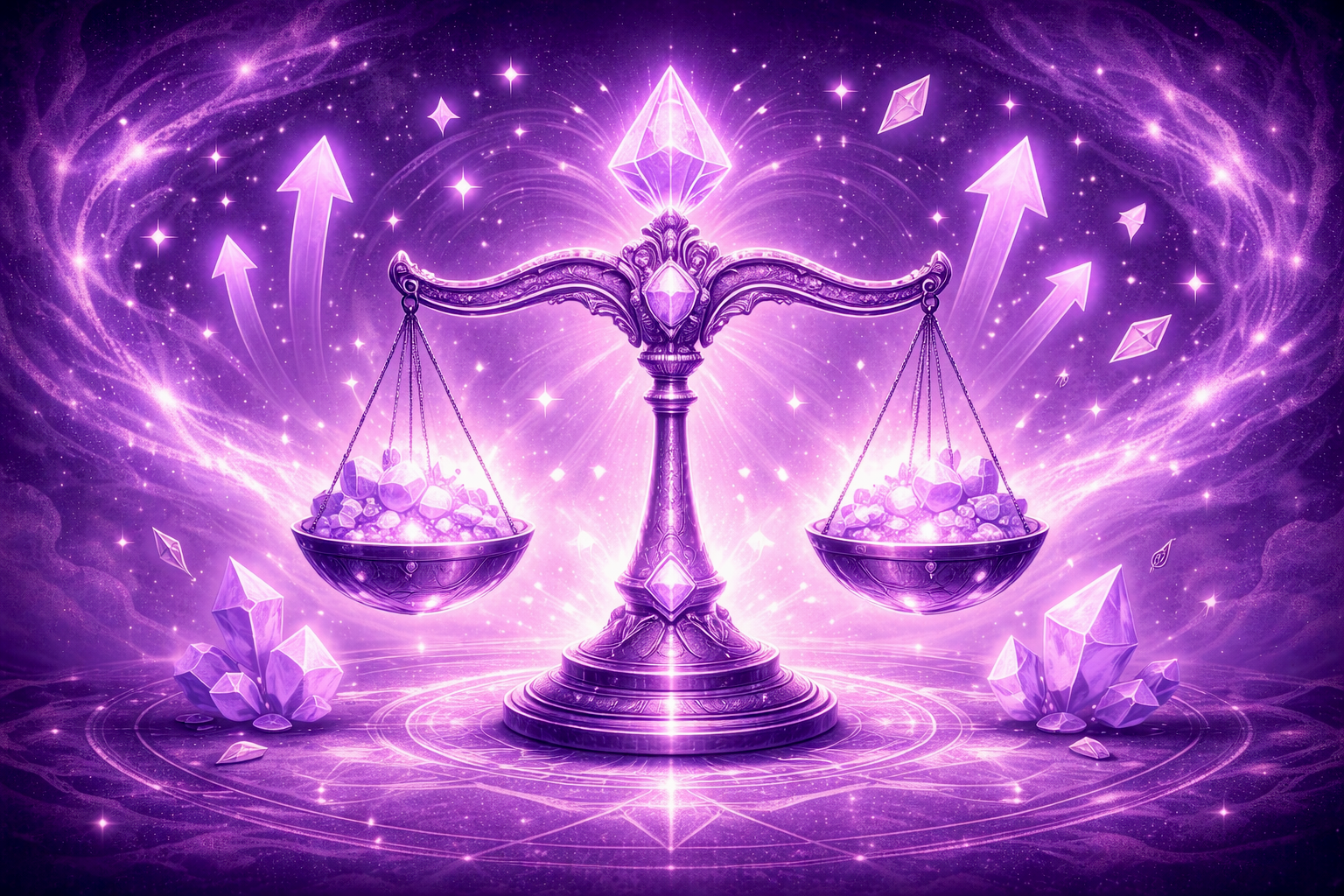 Balance symbolique violette représentant l’équilibre entre valeur, engagement et accompagnement thérapeutique