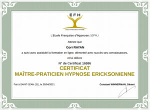 Diplôme maitre praticien hypnose ericksonienne EFH hypno-alchimiste