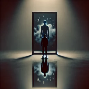 Image représentant une personne face à un miroir obscur, illustrant l'exploration de l'ombre intérieure dans le processus de transformation personnelle