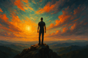 Illustration d'un homme debout sur une montagne, symbolisant l'exploration de la conscience en auto-hypnose.