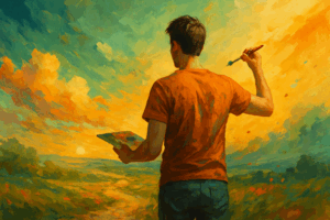  Illustration d'un homme de dos en train de peindre un nouveau paysage, représentant la transformation intérieure par l'auto-hypnose. 