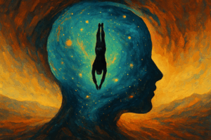 Illustration d'une personne plongeant dans un univers intérieur symbolique, explorant son inconscient par l'auto-hypnose.