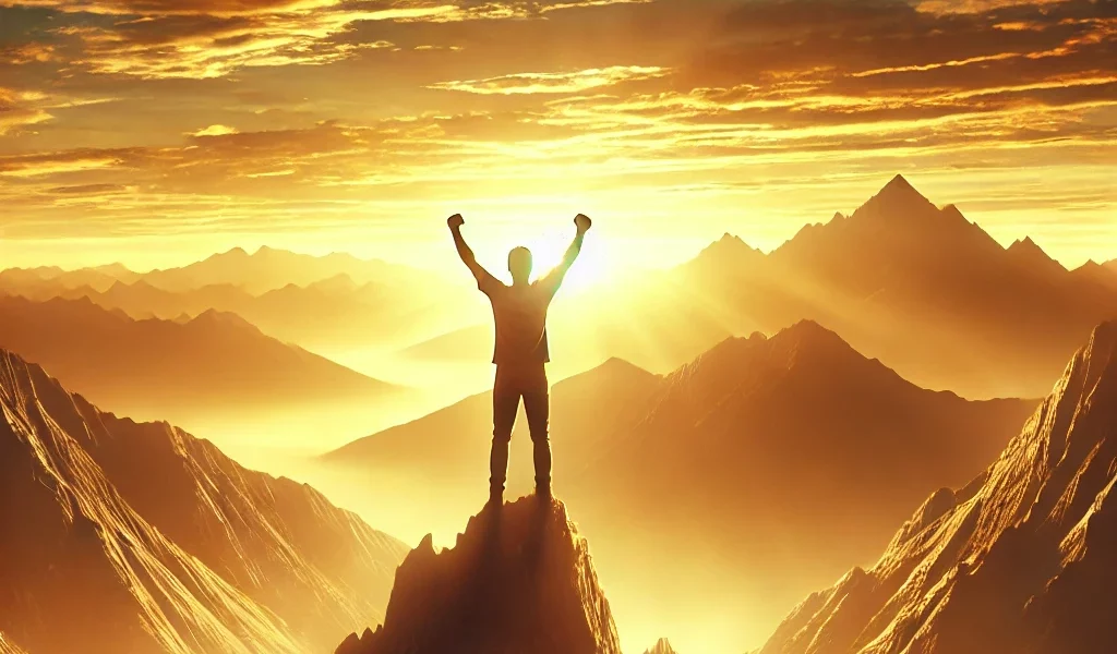 Illustration d’une personne debout au sommet d’une montagne, les bras levés vers un ciel doré, symbolisant la force intérieure et la victoire sur les défis