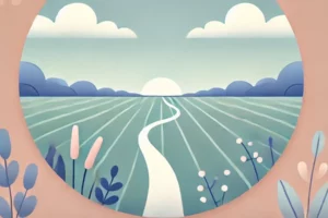 Illustration d’un paysage paisible avec un chemin sinueux traversant une prairie tranquille, symbolisant la sérénité et la réflexion pour faire le bon choix.