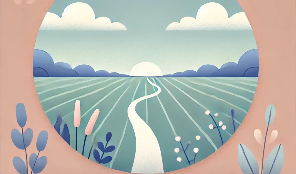 Illustration d’un paysage paisible avec un chemin sinueux traversant une prairie tranquille, symbolisant la sérénité et la réflexion pour faire le bon choix.