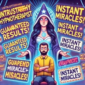 Illustration humoristique d’un hypnothérapeute louche utilisant des slogans tape-à-l’œil comme "Résultats garantis" et "Miracles instantanés"