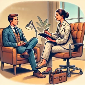 Illustration d’un hypnothérapeute professionnel prenant des notes lors d’une anamnèse détaillée avec un client, dans un bureau chaleureux et accueillant, sans texte visible dans l’image.