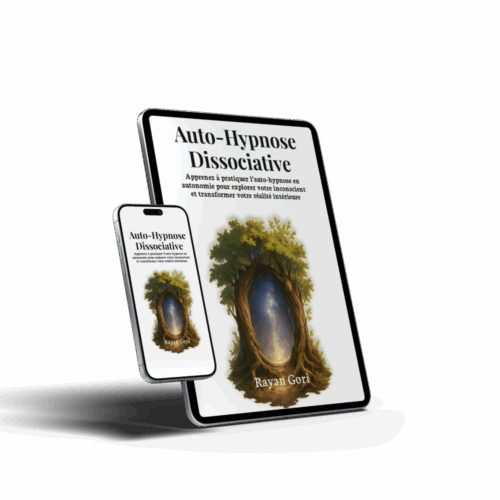 Visuel de l’ebook Auto-Hypnose Dissociative de Rayan Gori affiché sur tablette et smartphone, guide numérique pour explorer l’inconscient en autonomie