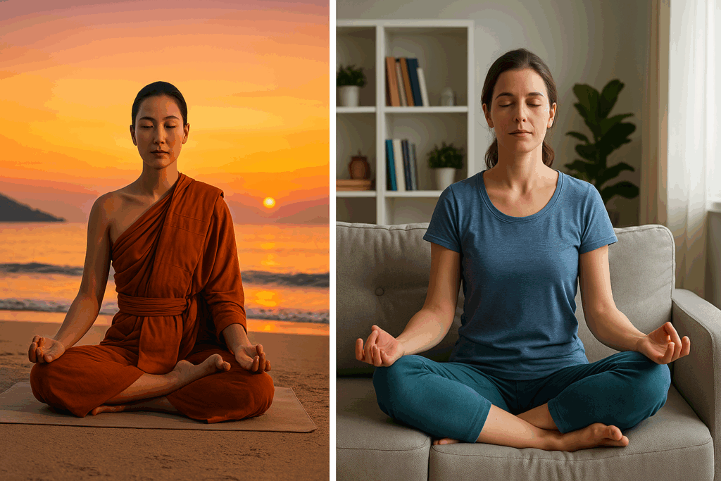 Photo comparant deux clichés méditation : un moine méditant sur une plage au coucher de soleil et une femme méditant simplement dans son salon.