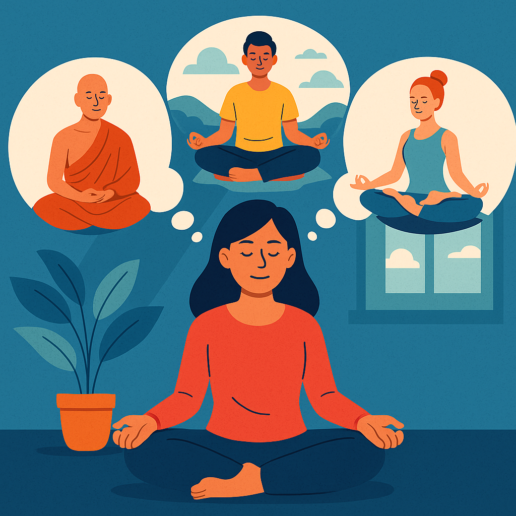 Illustration représentant une femme méditant tout en imaginant les clichés méditation : moine, posture de lotus, lieux parfaits.