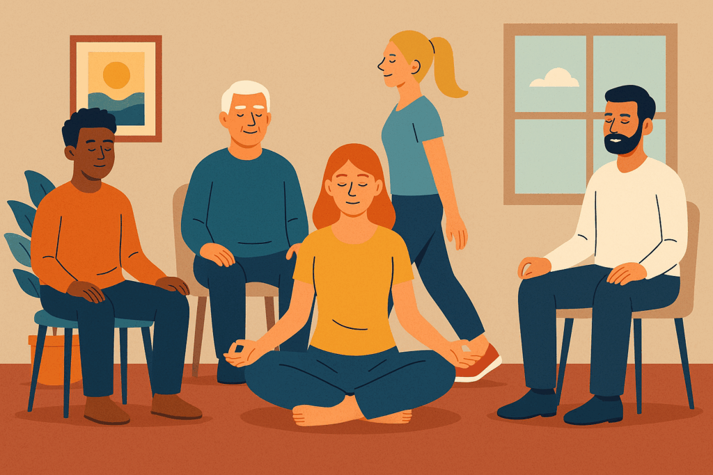 Illustration d’un groupe de personnes diverses, de tous âges, méditant ensemble dans un environnement quotidien.