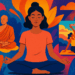 Illustration colorée représentant différents clichés méditation, entre postures idéales et lieux idylliques, contrastée par une vision plus simple et humaine.