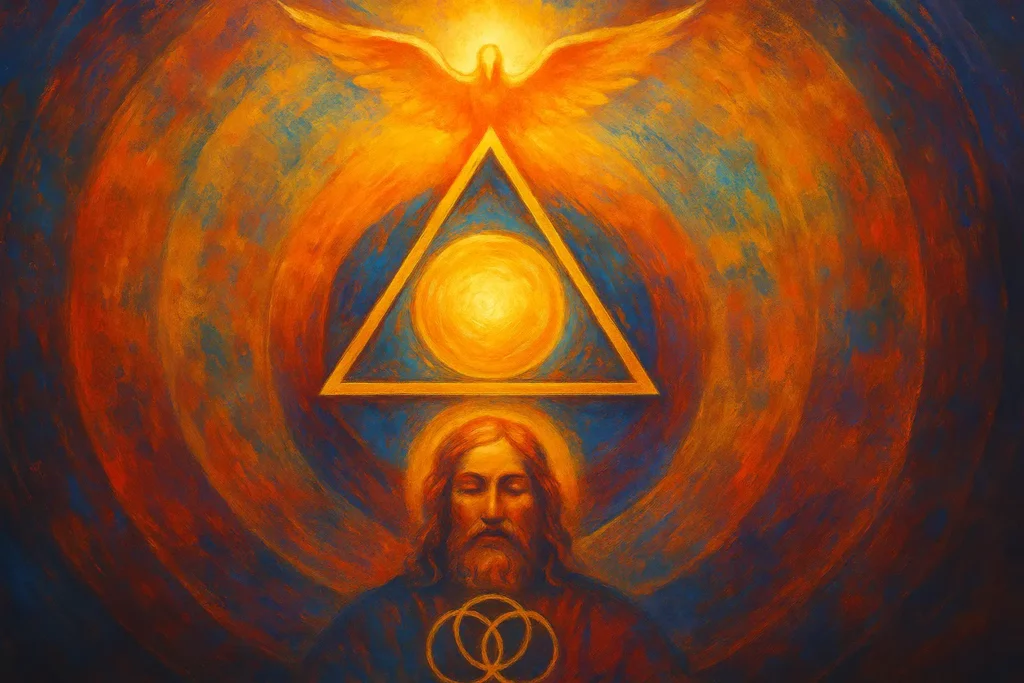 Illustration spirituelle lumineuse représentant comment comprendre la Trinité à travers la lumière et l’harmonie