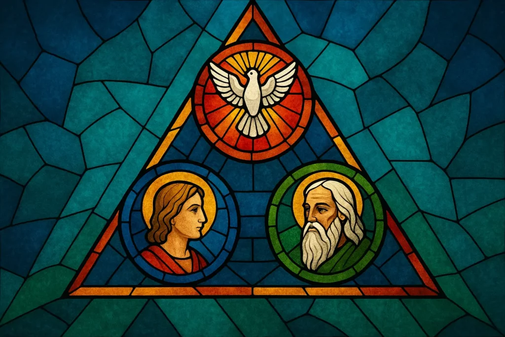 Vitrail spirituel représentant Père, Fils et Saint-Esprit, une vision artistique pour comprendre la Trinité
