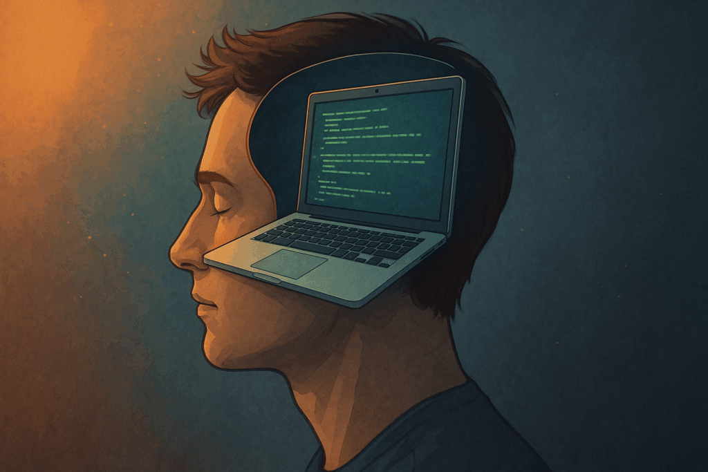 Illustration semi-réaliste d’un homme avec un ordinateur portable dans la tête, symbolisant l’inconscient et les mises à jour en hypnose
