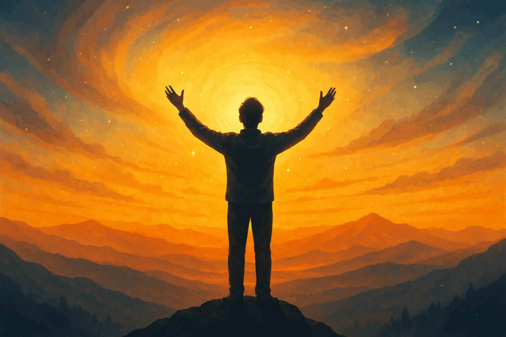 Silhouette d’une personne levant les bras vers un ciel lumineux au sommet d’une montagne, métaphore de l’évolution spirituelle grâce à l’hypnose
