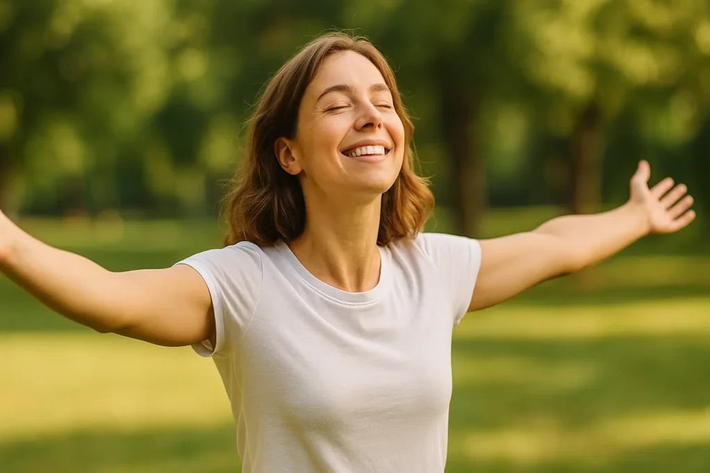 Femme souriante les bras ouverts dans un parc ensoleillé, représentant la libération des angoisses grâce à l’hypnose