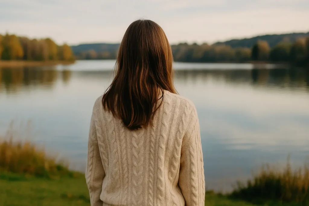 Personne vue de dos contemplant un lac paisible, illustrant la sérénité retrouvée par l’hypnose et la gestion des angoisses