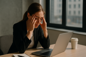 Femme en costume noir assise devant un ordinateur, exprimant la fatigue et le stress liés au burn-out professionnel.