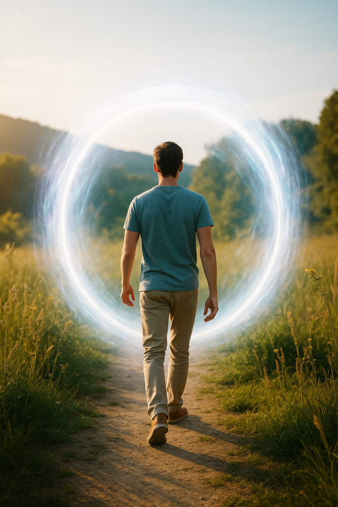 Homme marchant vers un portail lumineux au milieu d’un paysage naturel, représentant la transformation intérieure grâce à l’hypnose.