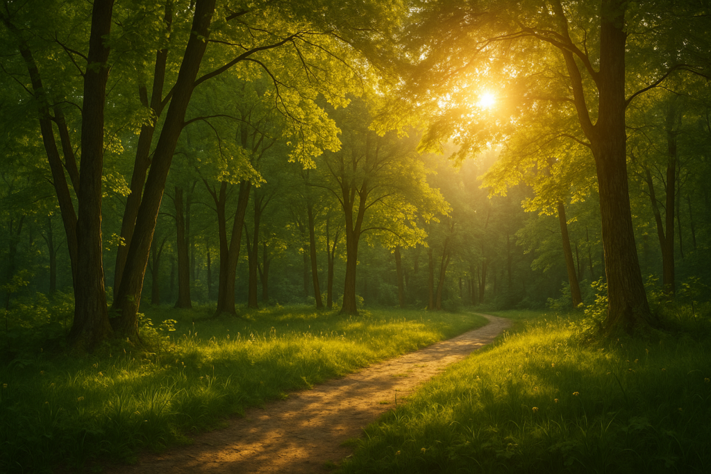 Chemin forestier baigné de lumière dorée, symbolisant le calme et la reconnexion à soi après un burn-out.
