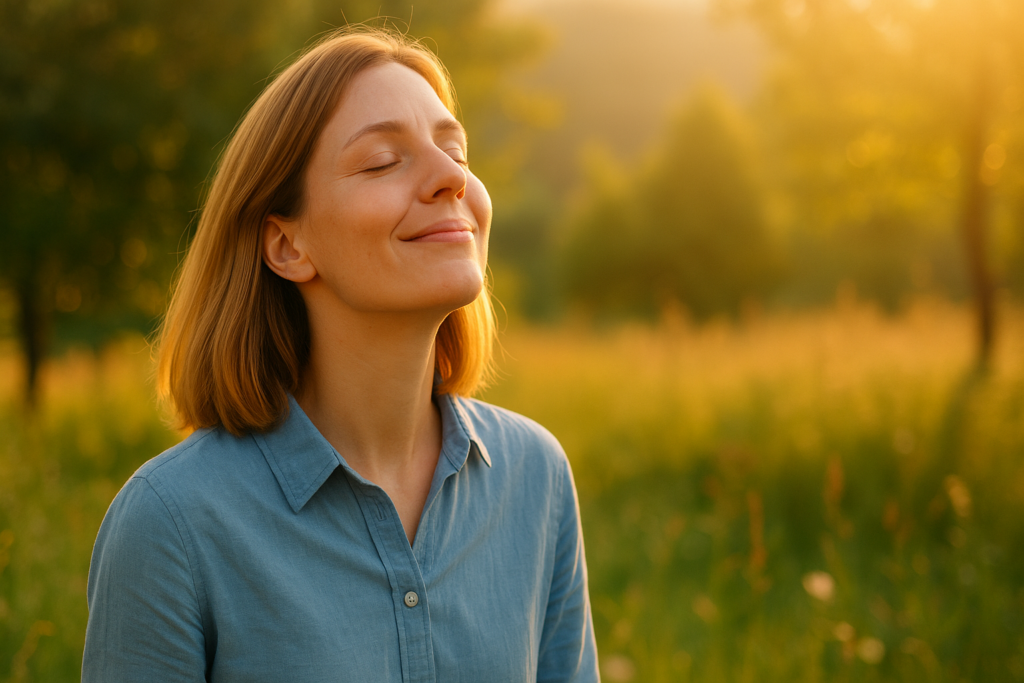Femme apaisée profitant de la lumière du soleil dans un champ, symbole de sérénité retrouvée après un burn-out.