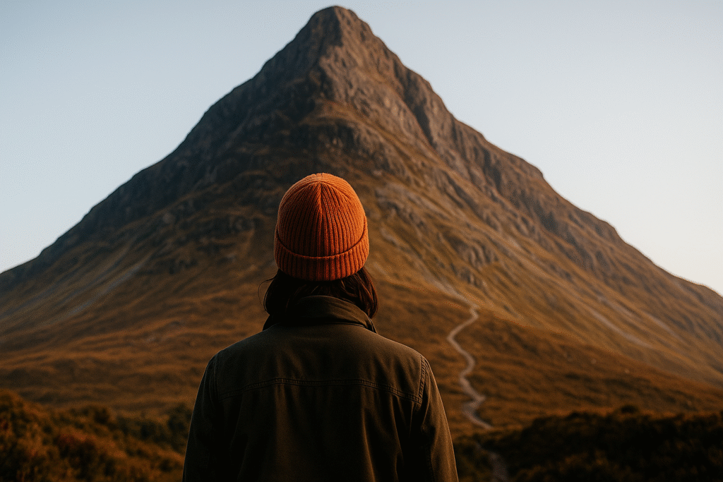 Une personne vue de dos observe une immense montagne avec un sentier qui monte vers le sommet, métaphore du chemin vers la confiance en soi.