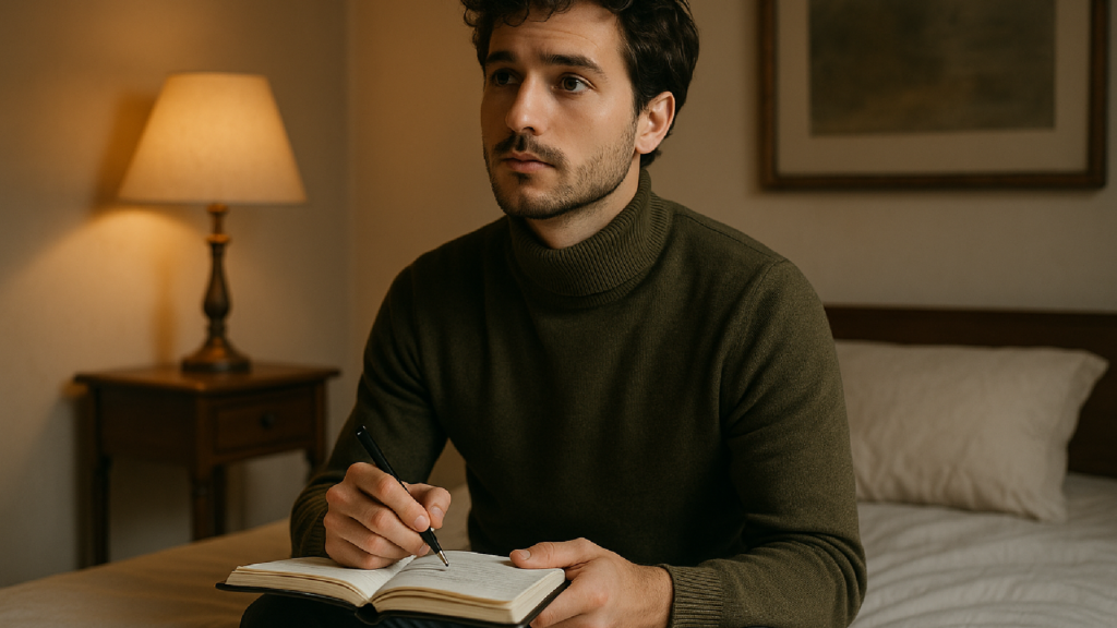 Jeune homme concentré écrivant dans son carnet intime