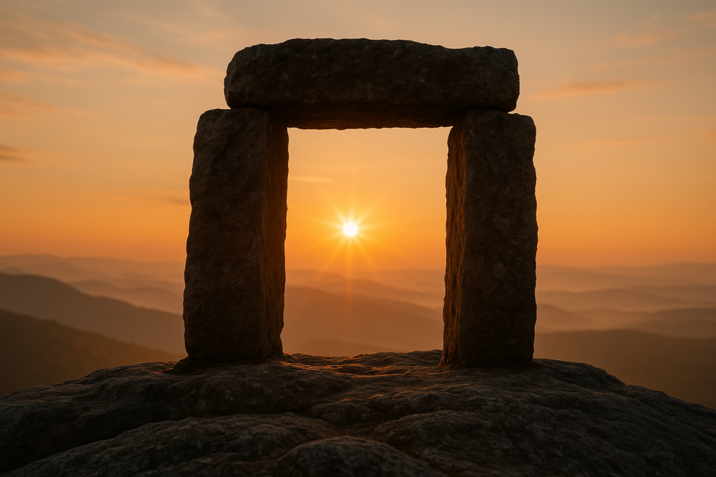 Soleil levant visible à travers une arche de pierre ancienne, évoquant la porte de la conscience.