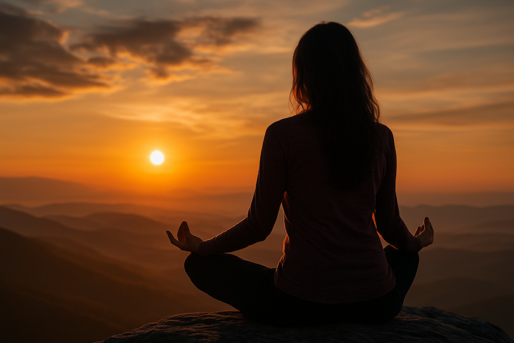 Silhouette d’une femme en méditation sur une montagne, au coucher du soleil, symbolisant la paix intérieure.