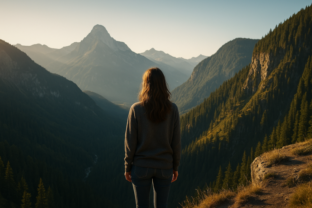 Femme debout au bord d’une falaise observant une chaîne de montagnes au lever du soleil.