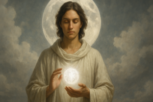 Illustration spirituelle d’un alchimiste méditant dans la lumière de l’Œuvre au Blanc