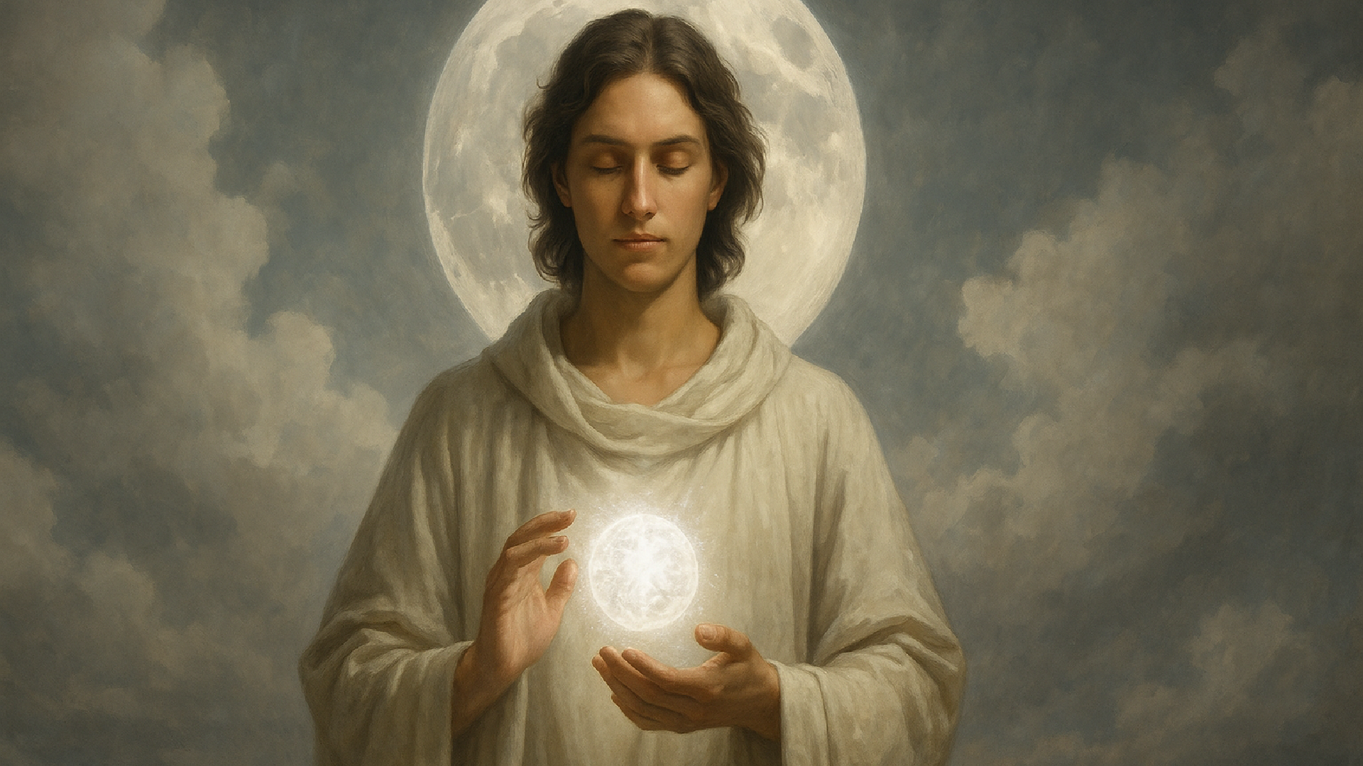 Illustration spirituelle d’un alchimiste méditant dans la lumière de l’Œuvre au Blanc