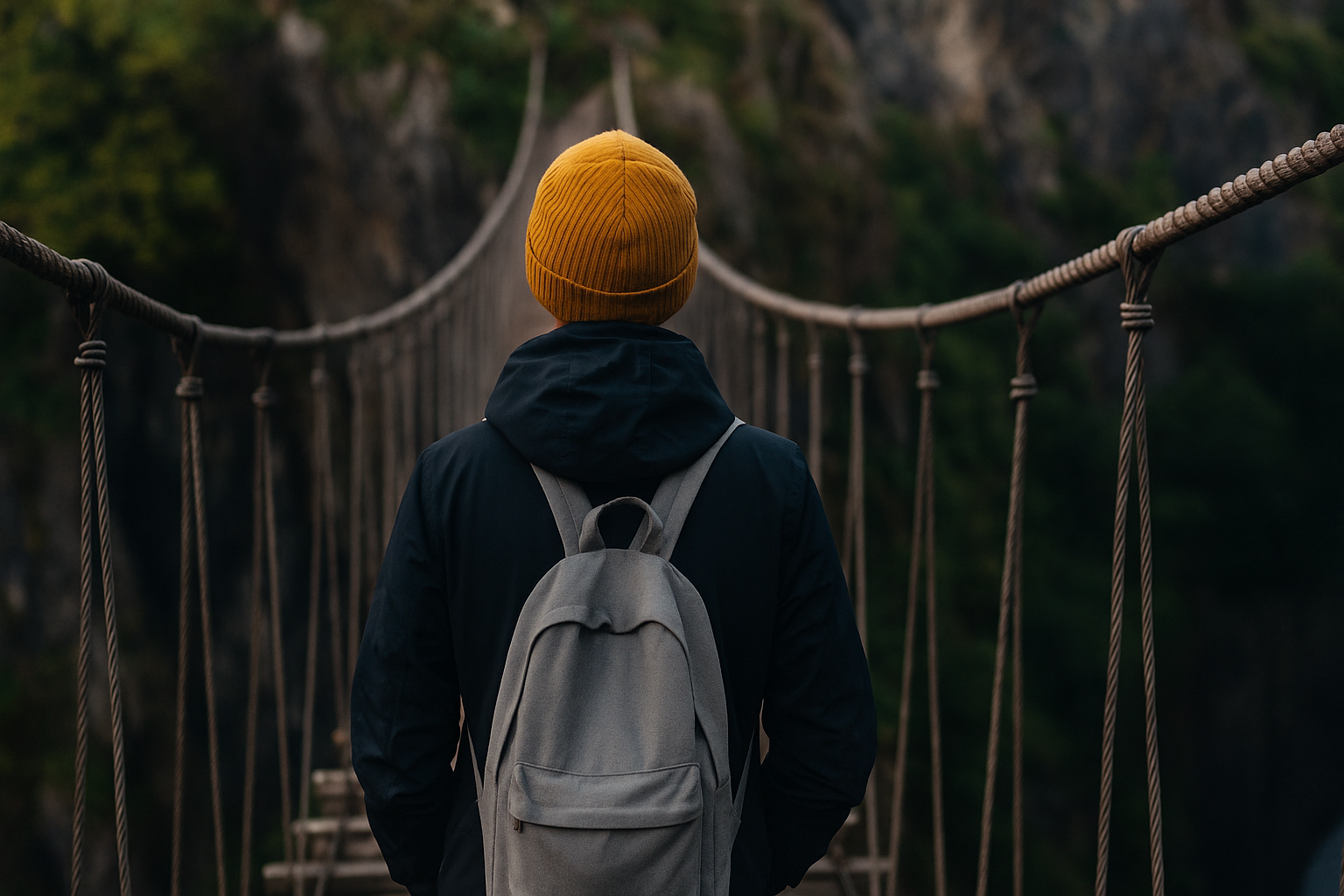 Une personne vue de dos traverse un pont de corde au-dessus d’un ravin, symbole du courage et de la confiance retrouvée.