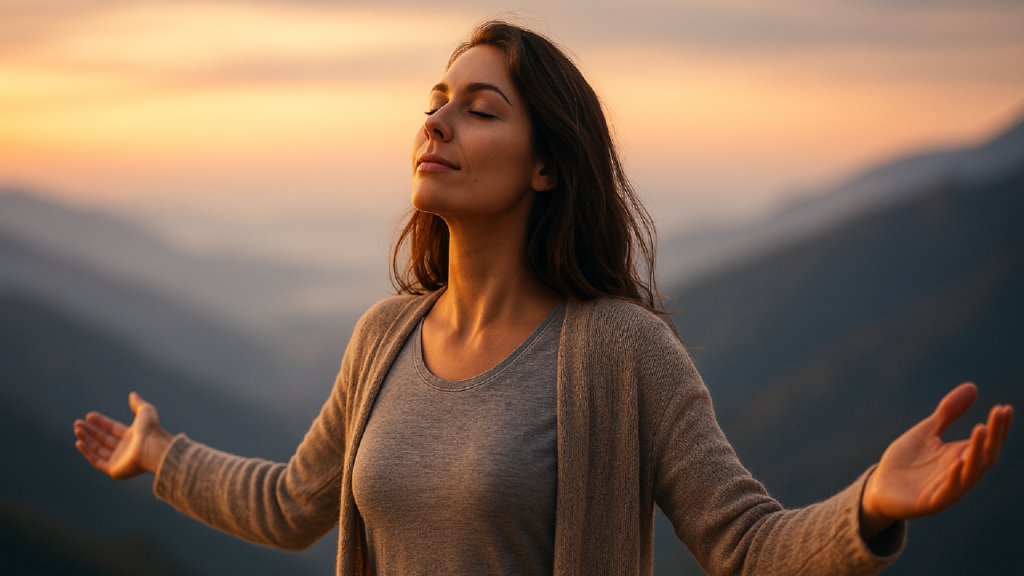 Jeune femme au sommet d’une montagne, illuminée par le coucher de soleil