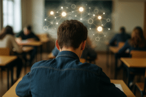 Étudiant concentré pendant un examen, illustrant l’efficacité de l’hypnose préparation aux examens