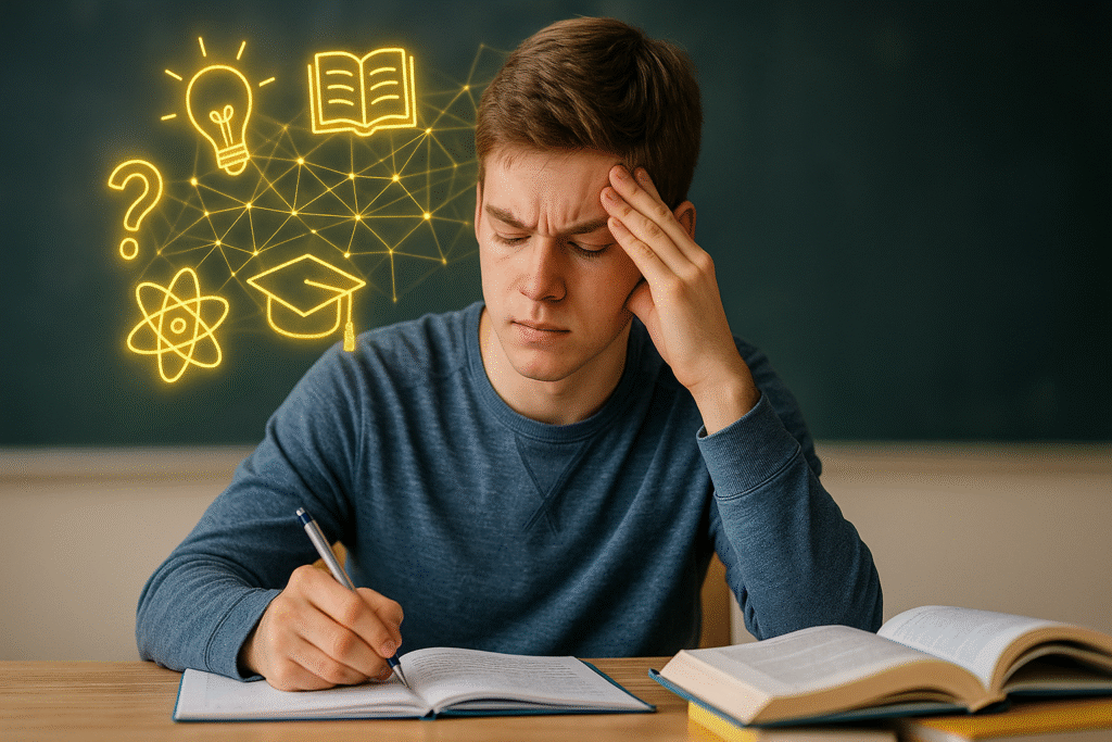 Étudiant concentré avec des symboles lumineux représentant la connaissance et la créativité, évoquant l’hypnose préparation aux examens