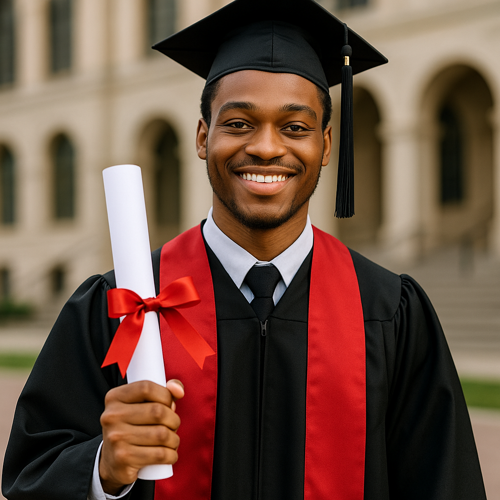 Étudiant diplômé souriant tenant son diplôme, symbole de réussite après un travail sur soi en hypnose préparation aux examens