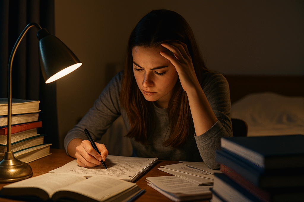 Étudiante révisant tard le soir avec une lampe de chevet et ses notes, symbole de persévérance et de préparation mentale