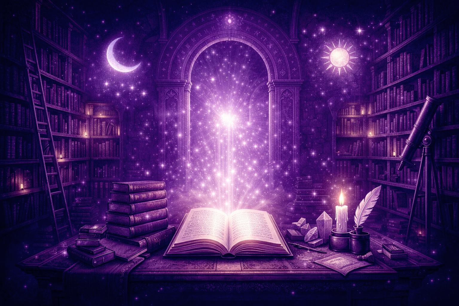 Bibliothèque intérieure violette – Livres et savoirs de Rayan Gori, Hypno-Alchimiste