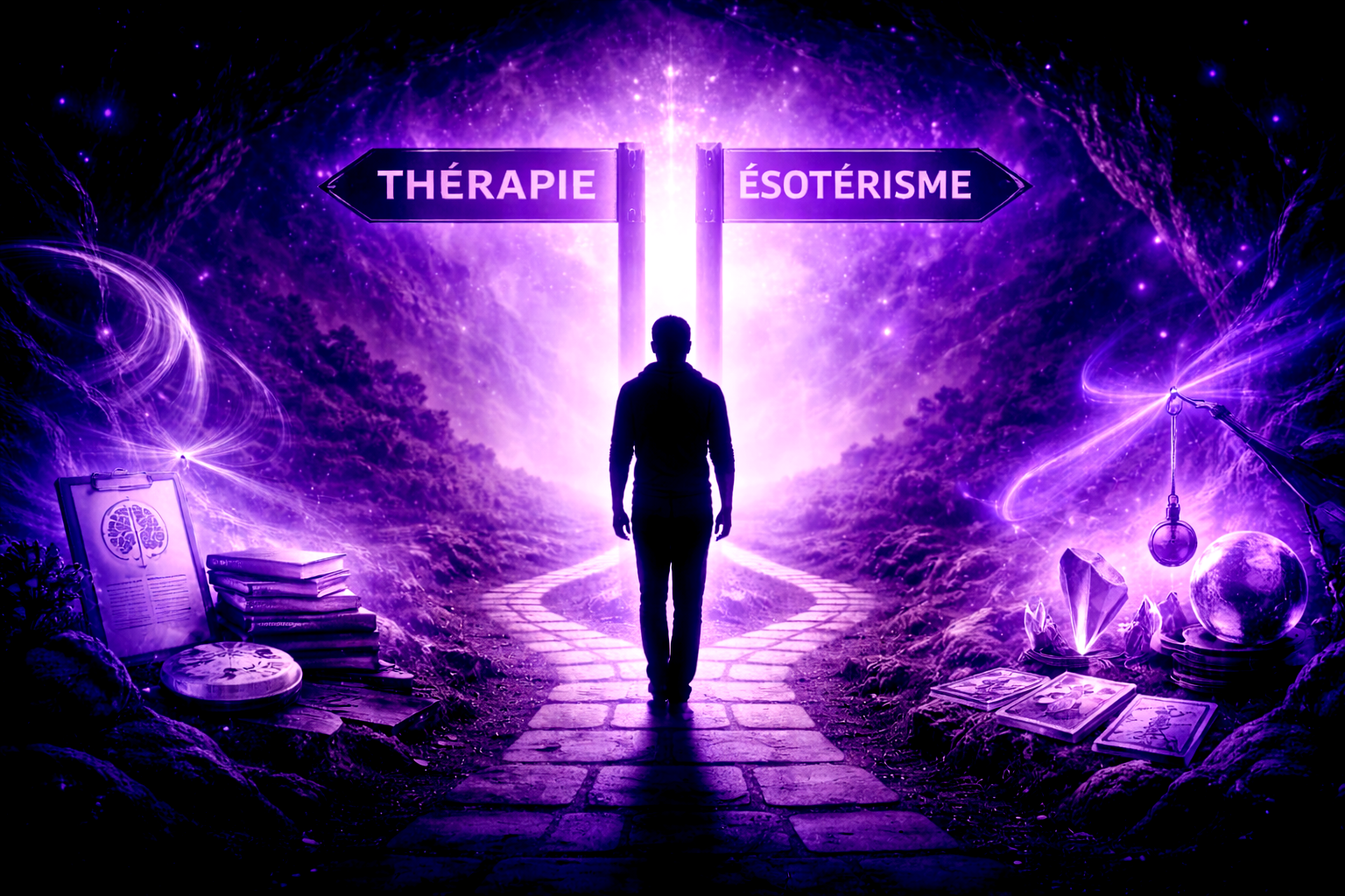 Illustration symbolique du cadre et des limites de l’hypnose thérapeutique, représentant un choix conscient entre approche psychologique rigoureuse et pratiques ésotériques — Rayan Gori, Hypno-Alchimiste