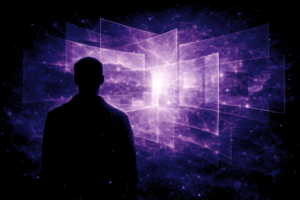 Silhouette humaine face à des couches lumineuses symbolisant les filtres mentaux qui structurent la perception de la réalité, par Rayan Gori, Hypno-Alchimiste.