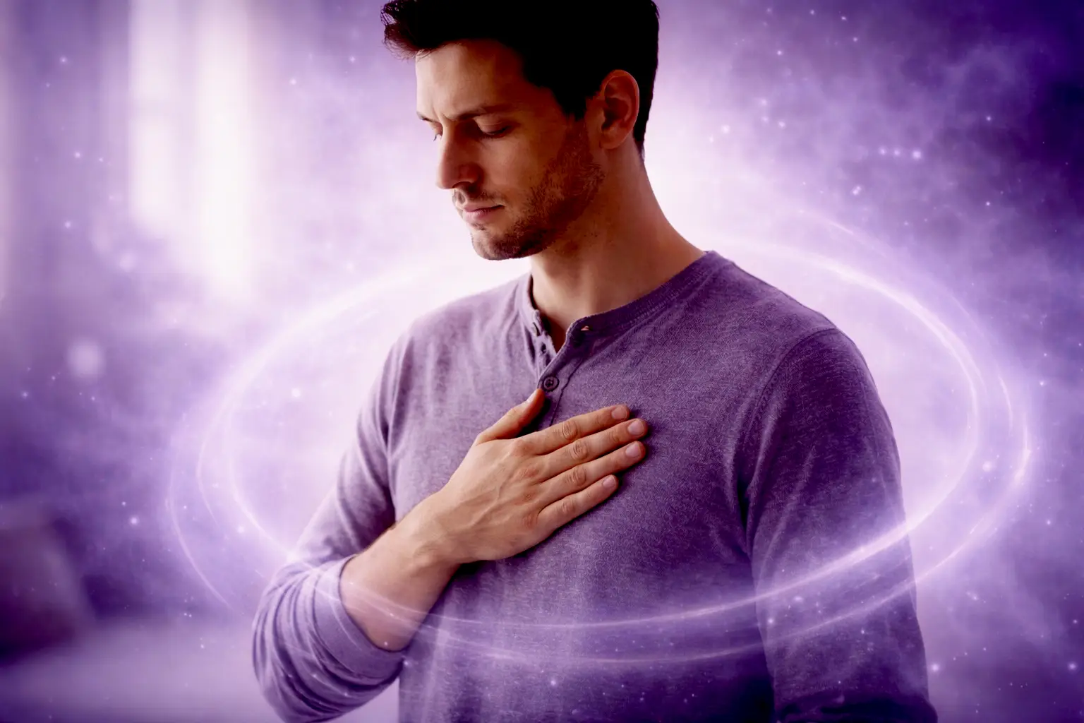 Hypnose et angoisse : apaiser le corps par la présence — Rayan Gori (Hypno-Alchimiste), geste calme main sur le corps, lumière lavande