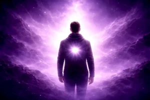 Hypnose et confiance en soi : silhouette avançant dans une lumière violette symbolisant la transformation intérieure – Rayan Gori Hypno-Alchimiste