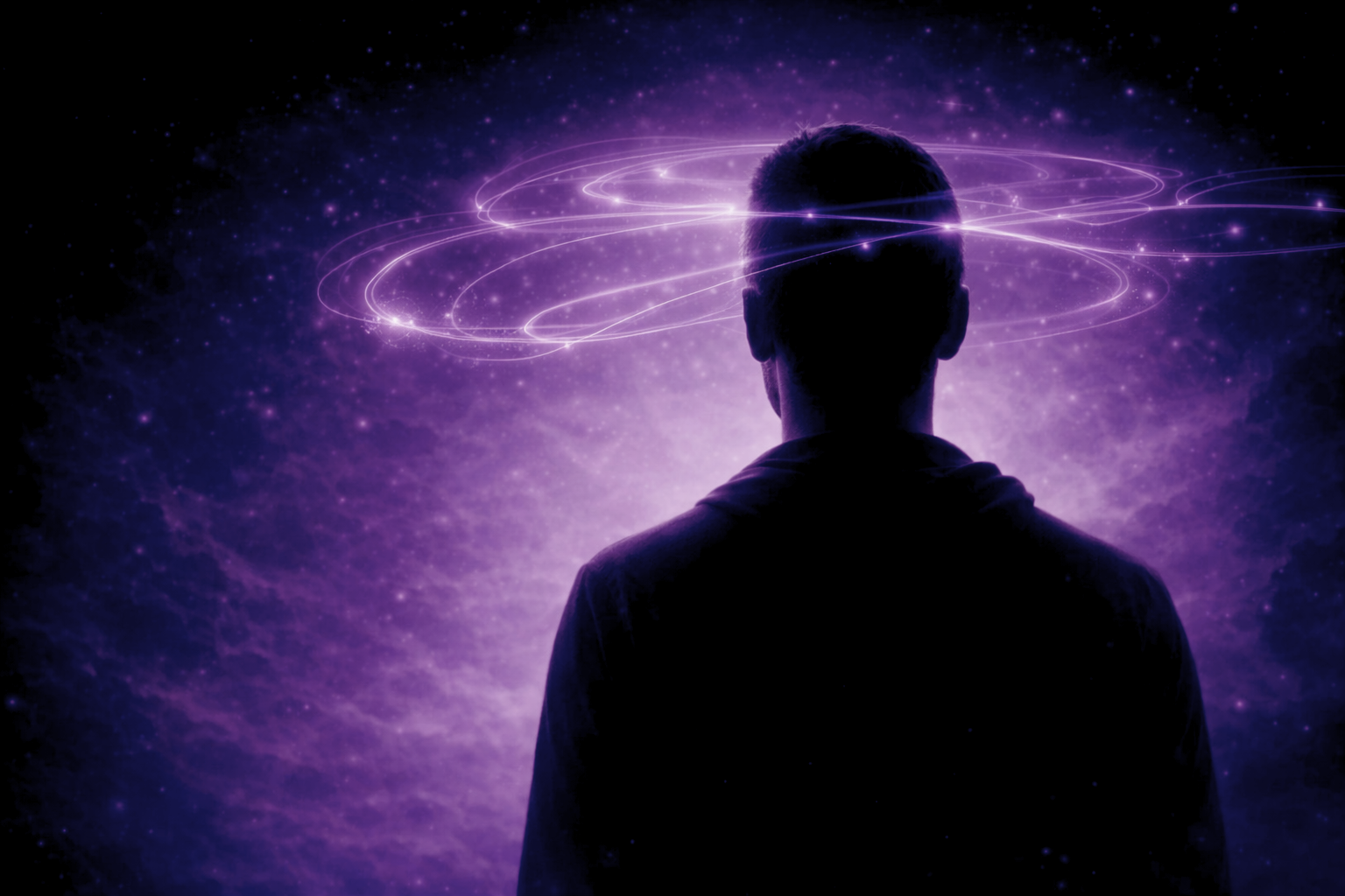 Intuition et discernement illustrés par une silhouette humaine dans un espace violet symbolisant la clarté intérieure et la lucidité mentale — Rayan Gori, Hypno-Alchimiste