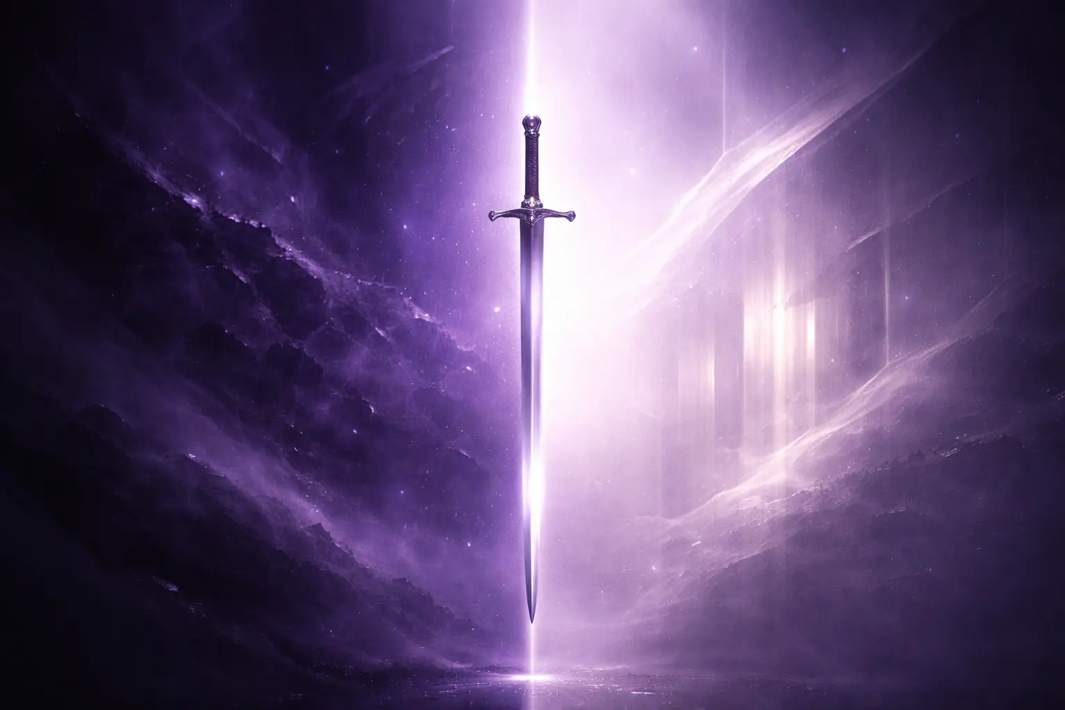 Alchimiste vu de dos tenant l’épée de Pygmalion dans un univers violet, symbole de l’Œuvre au Noir et de la séparation intérieure — Rayan Gori Hypno-Alchimiste