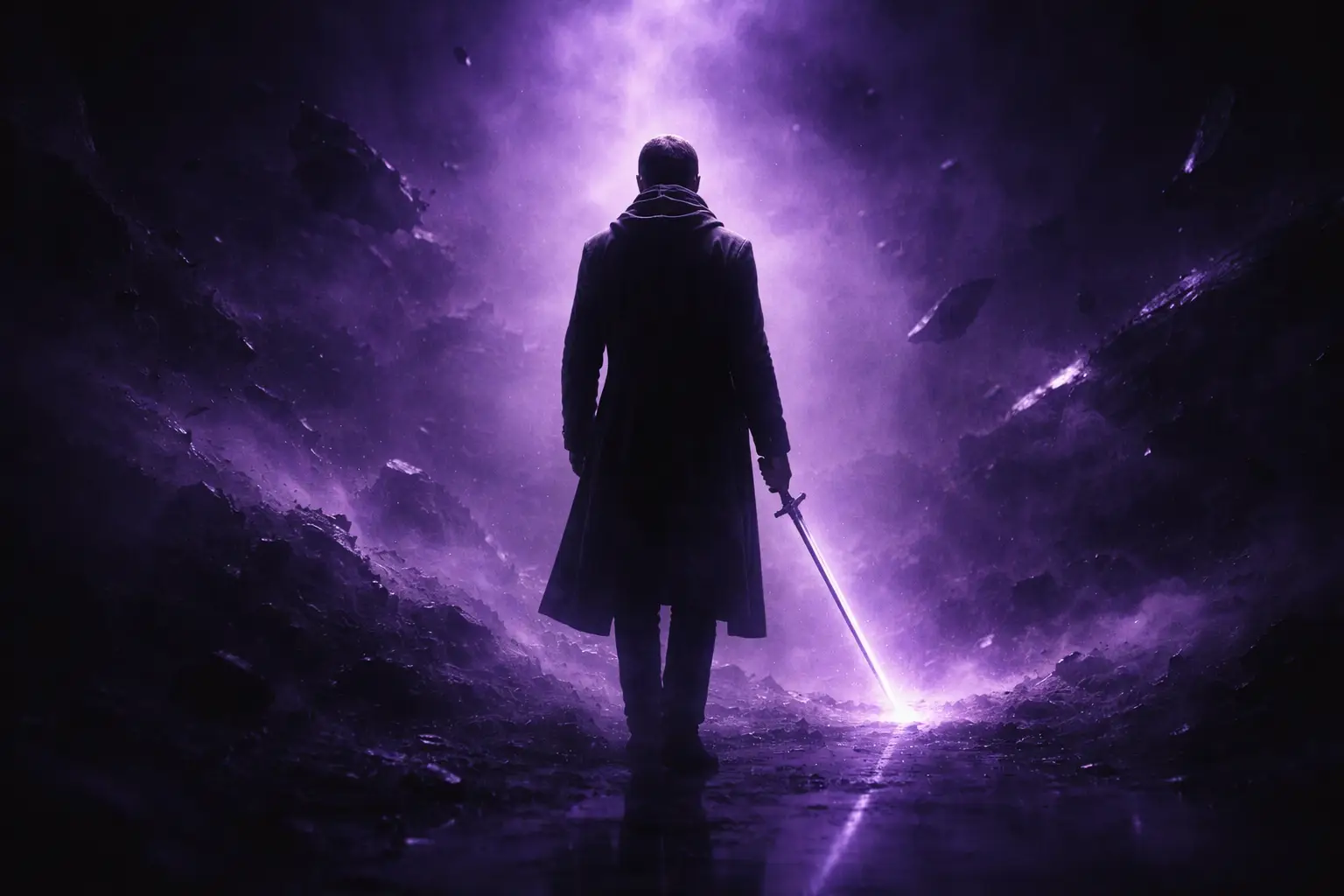 Épée de Pygmalion suspendue séparant deux espaces violets, symbole du discernement et des filtres perceptifs — Rayan Gori Hypno-Alchimiste