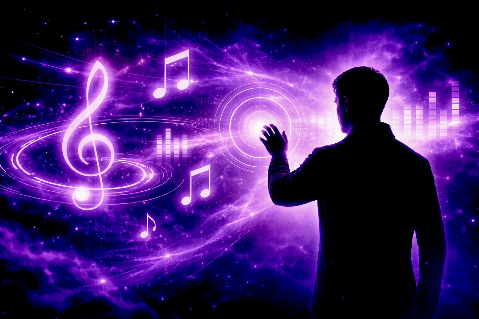 Illustration violette Hypno-Alchimiste 2026 évoquant la musique, l’hypnose et la méditation, par Rayan Gori