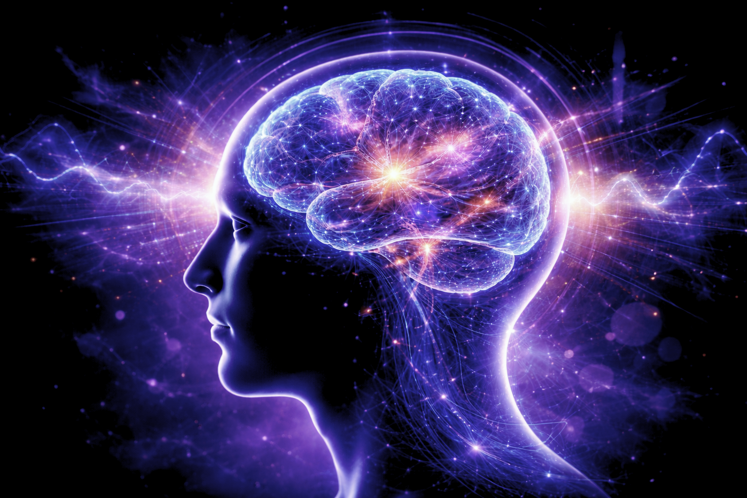Profil humain avec structures lumineuses cérébrales symbolisant la perception de la réalité comme construction neuronale – Rayan Gori Hypno-Alchimiste