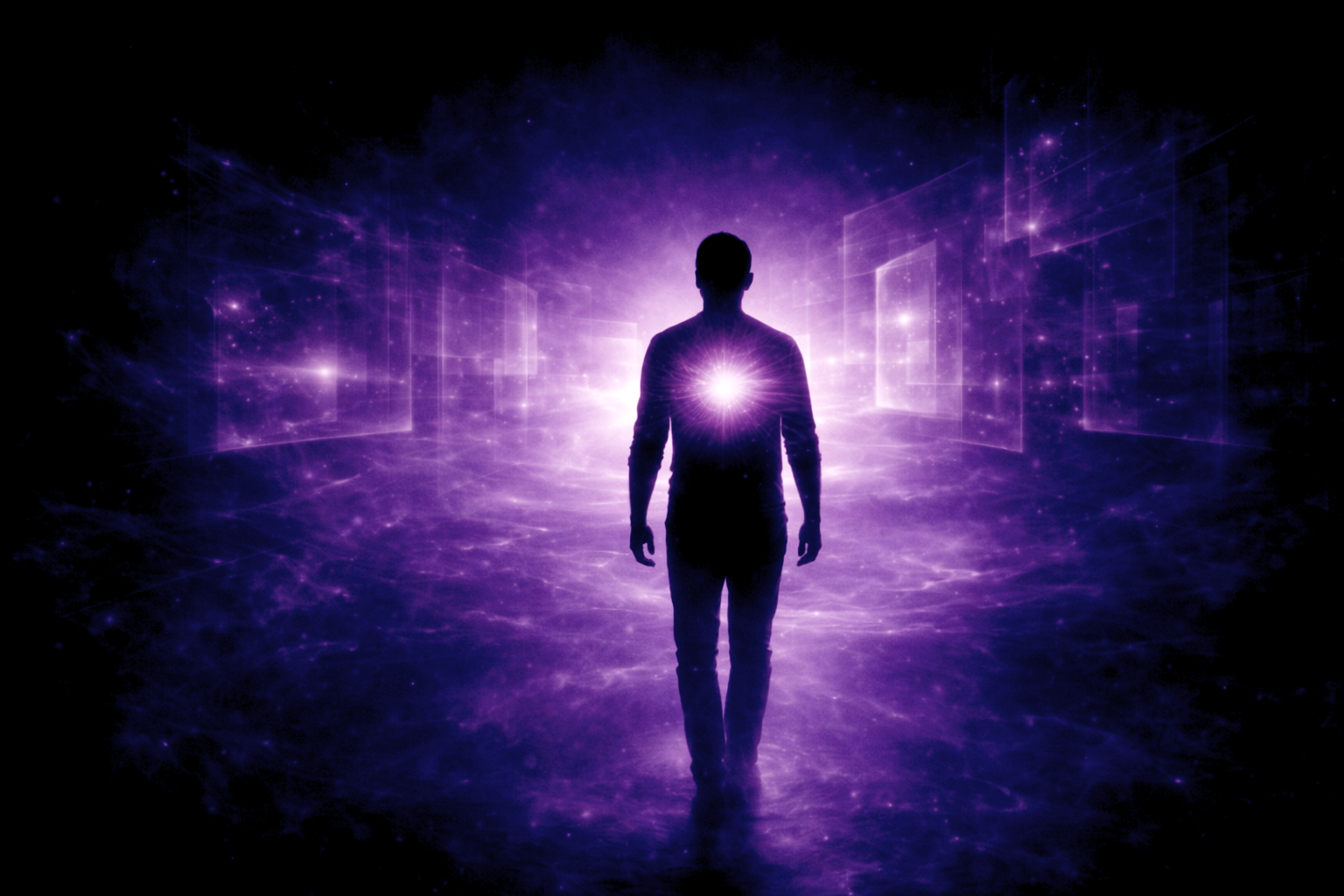 Silhouette humaine face à un espace intérieur symbolique, représentant la pratique de l’auto-hypnose et l’exploration consciente de l’esprit — Rayan Gori, Hypno-Alchimiste